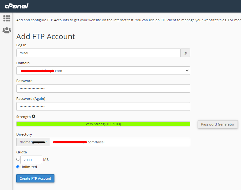 fill the ftp account creation form